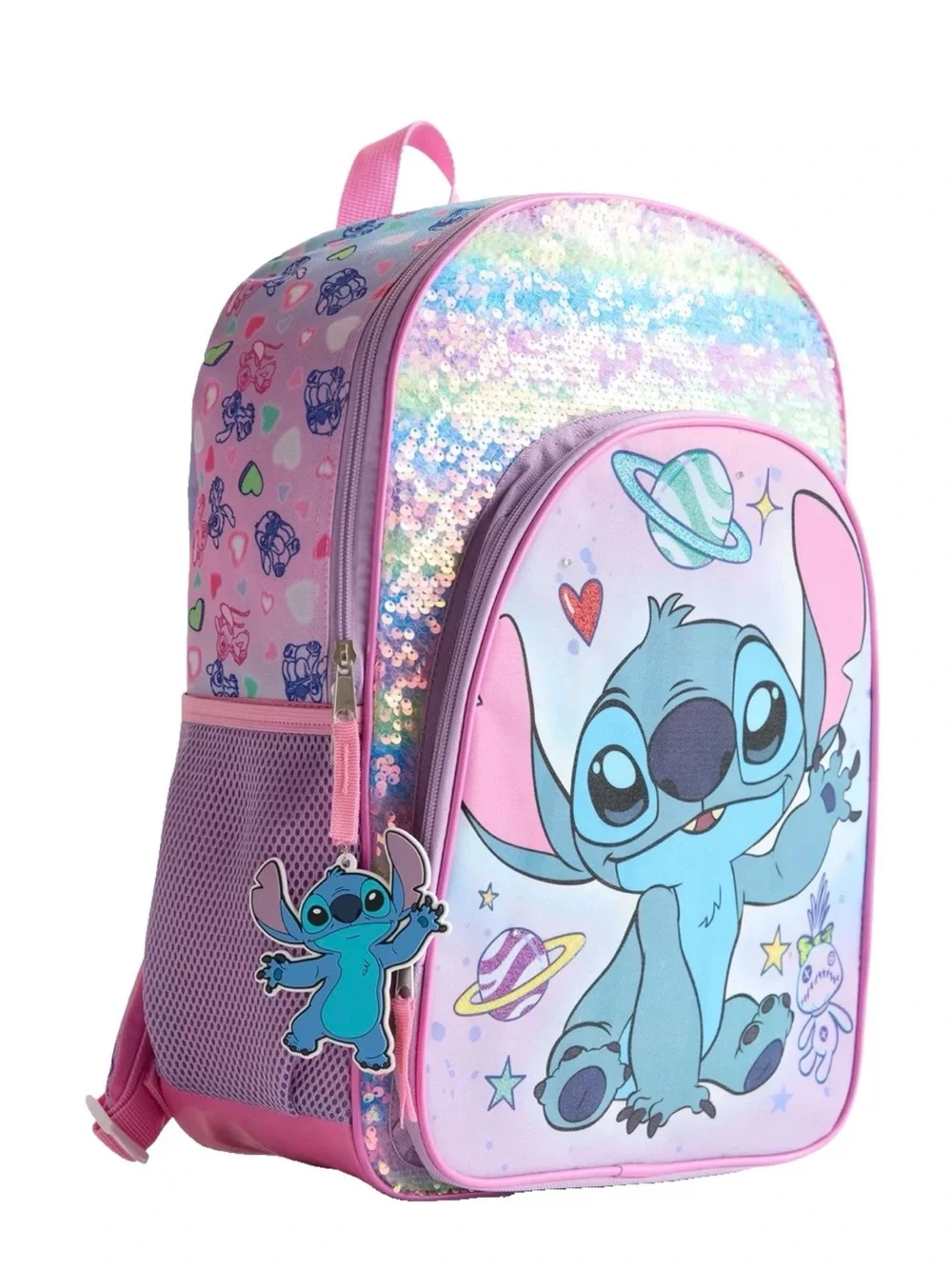 Disney Lilo and Stitch 17” Rainbow Sequenced Light Up Backpack + Keychain